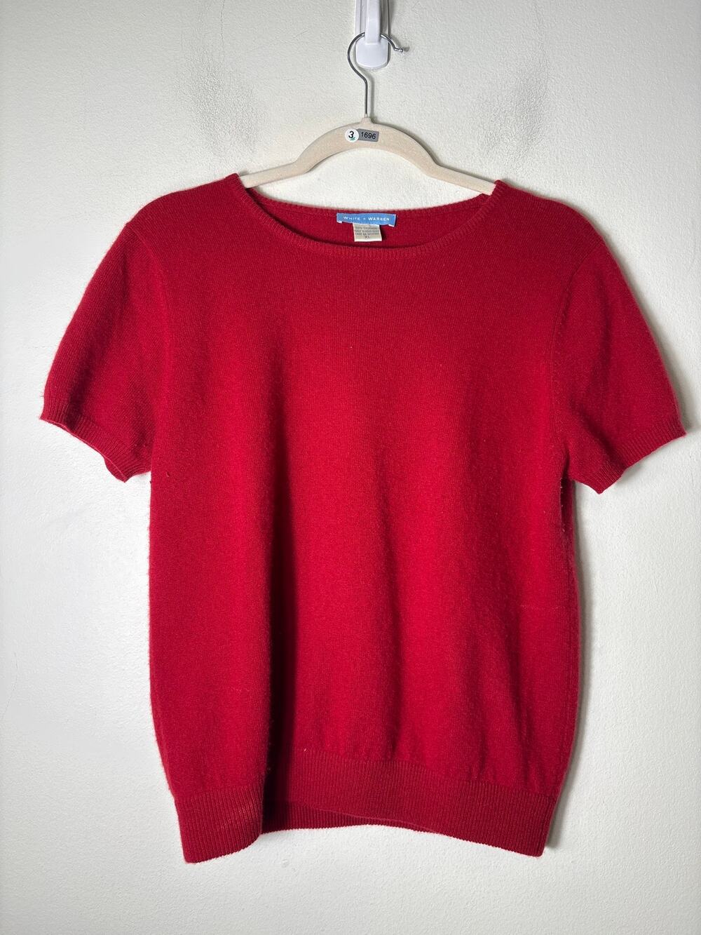White + Warren Red Cashmere Short Sleeve Sweater Sz XL